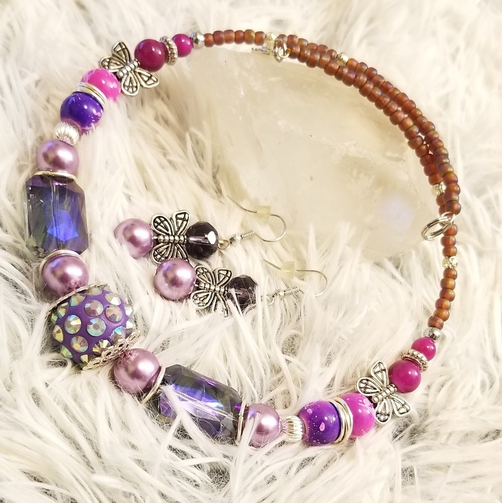 Lavender butterfly choker necklace earrings set